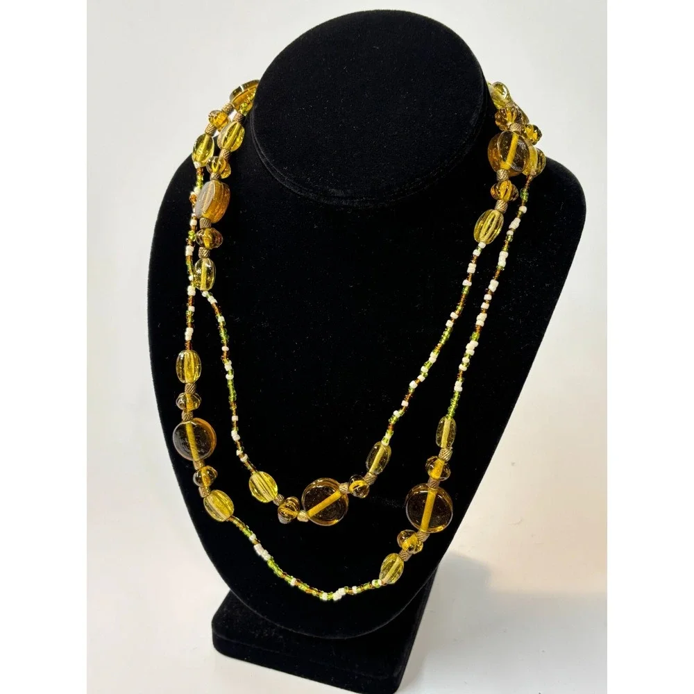 Necklace Amber Color Art Glass Beads Long for Layering‎ Boho